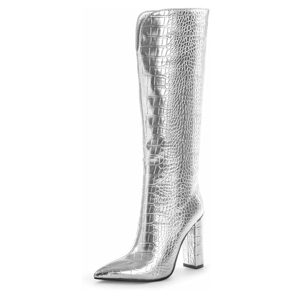 NEW Silver Knee High Croc Boots 4.33" Block Heel - Picture 1 of 9